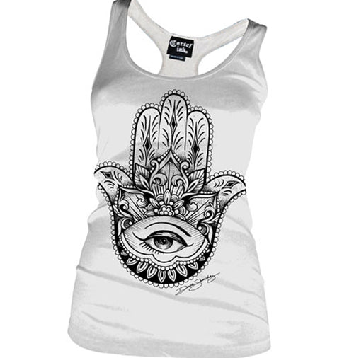Hamsa Tattoo Women's Racer Back Tank Top-WHITE
