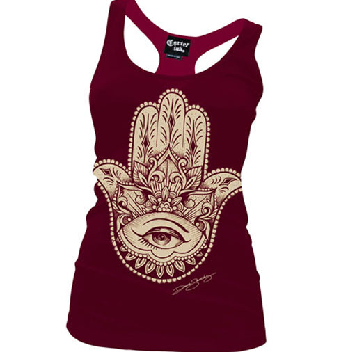 Hamsa Tattoo Women's Racer Back Tank Top-WINE